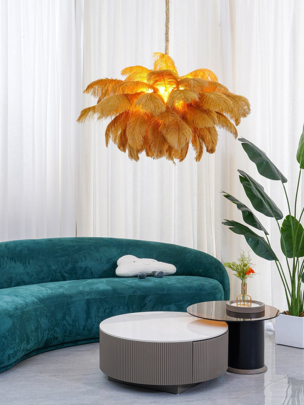 56 Hand-Colored Ostrich Feather Chandelier With Brass Fitting Gold And Silver