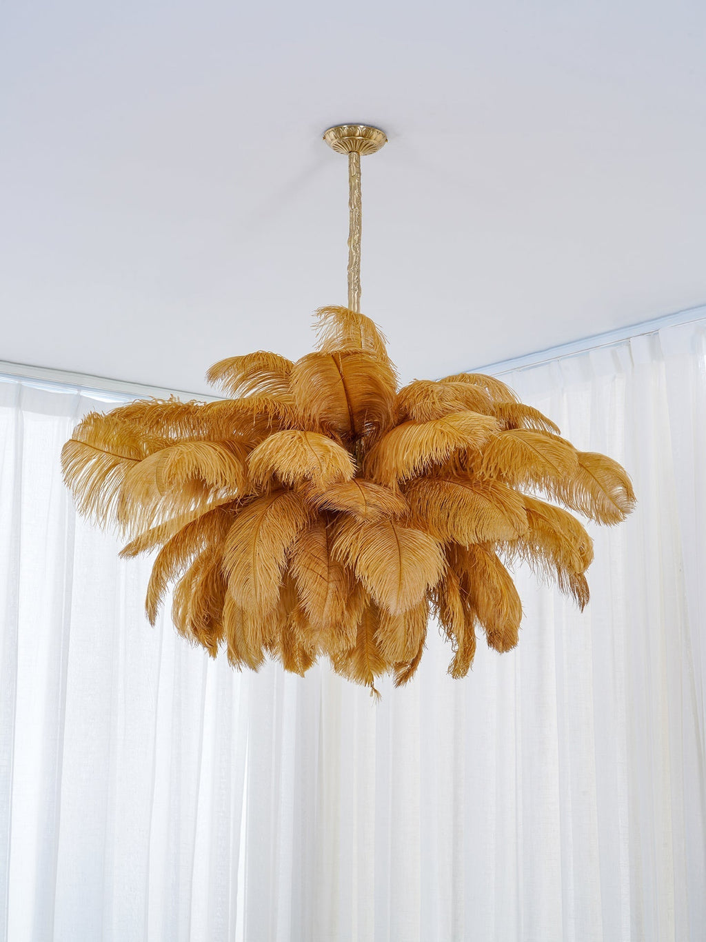 56 Hand-Colored Ostrich Feather Chandelier With Brass Fitting Gold And Silver
