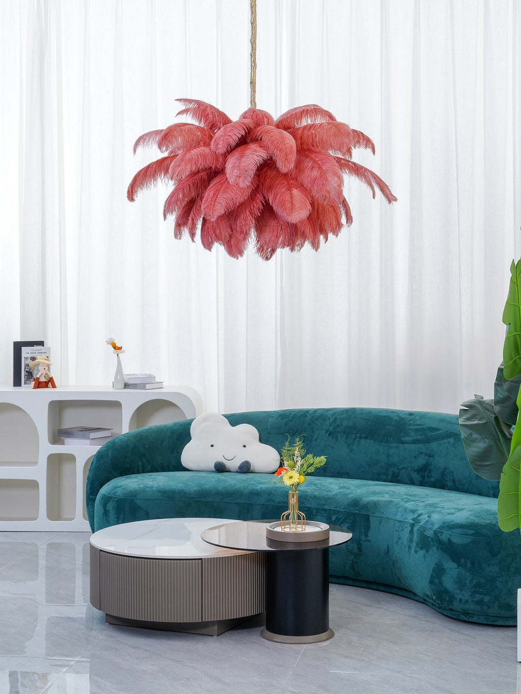 56 Hand-Colored Ostrich Feather Chandelier With Brass Fitting Gold And Silver