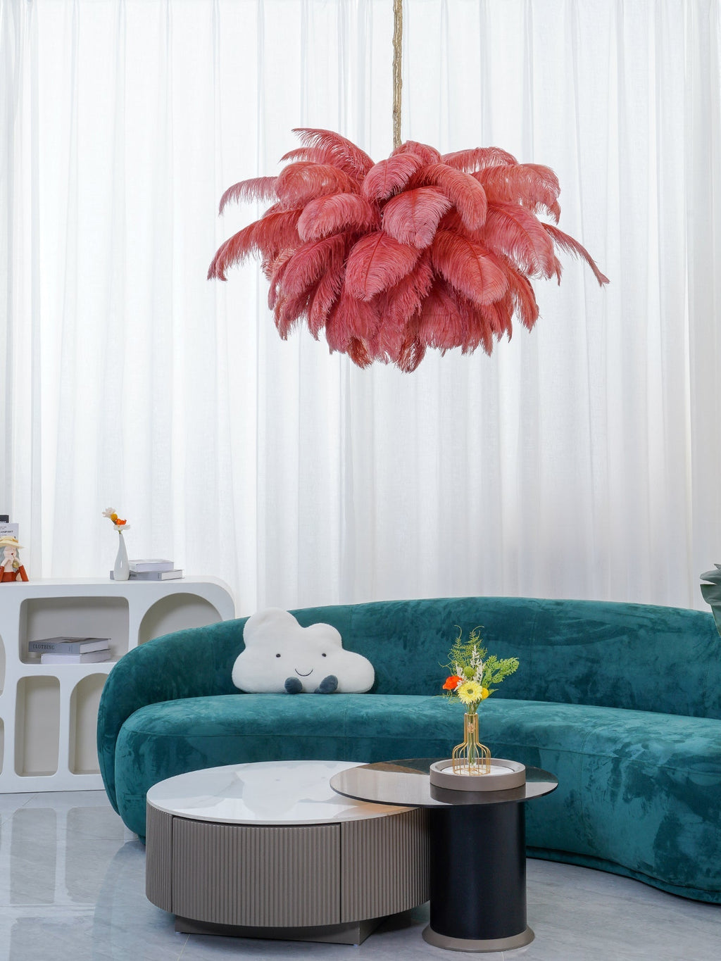 56 Hand-Colored Ostrich Feather Chandelier With Brass Fitting Gold And Silver