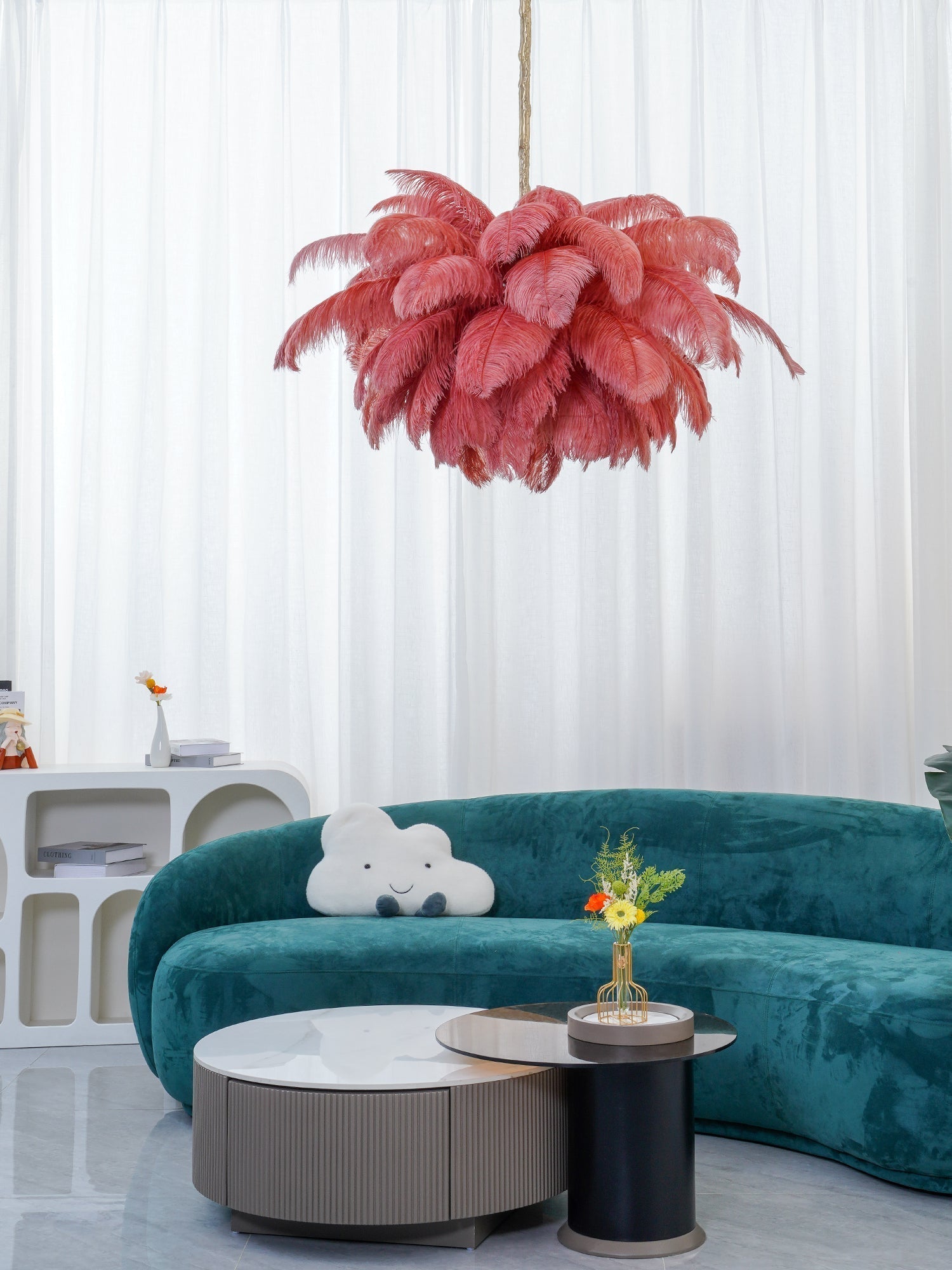 56 Hand-Colored Ostrich Feather Chandelier With Brass Fitting Gold And Silver