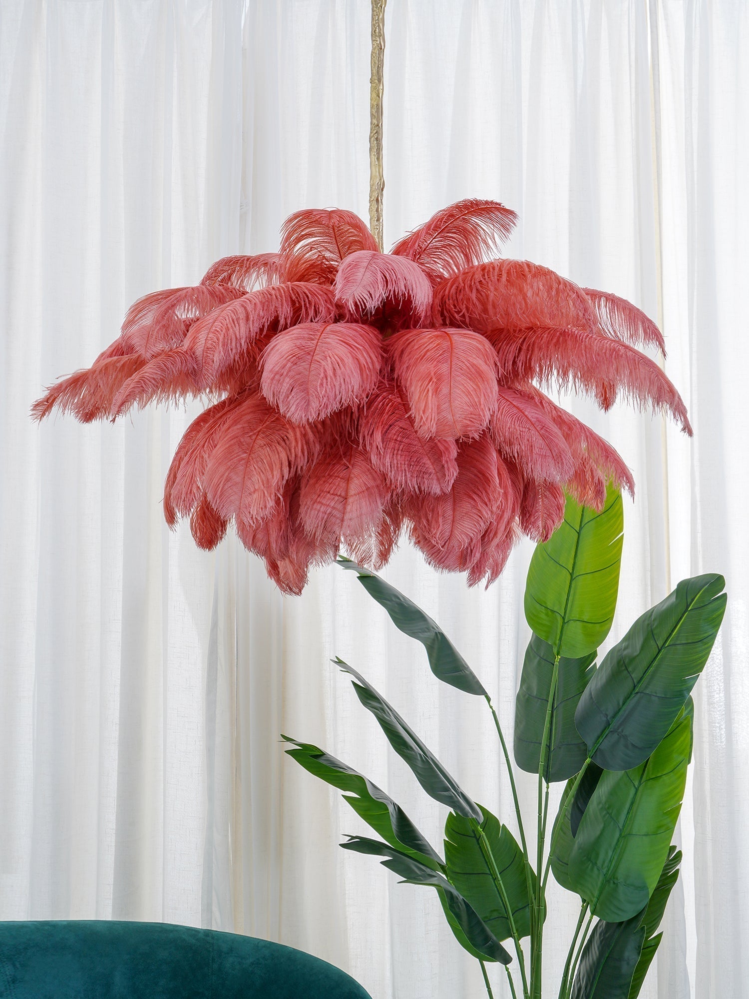 56 Hand-Colored Ostrich Feather Chandelier With Brass Fitting Gold And Silver