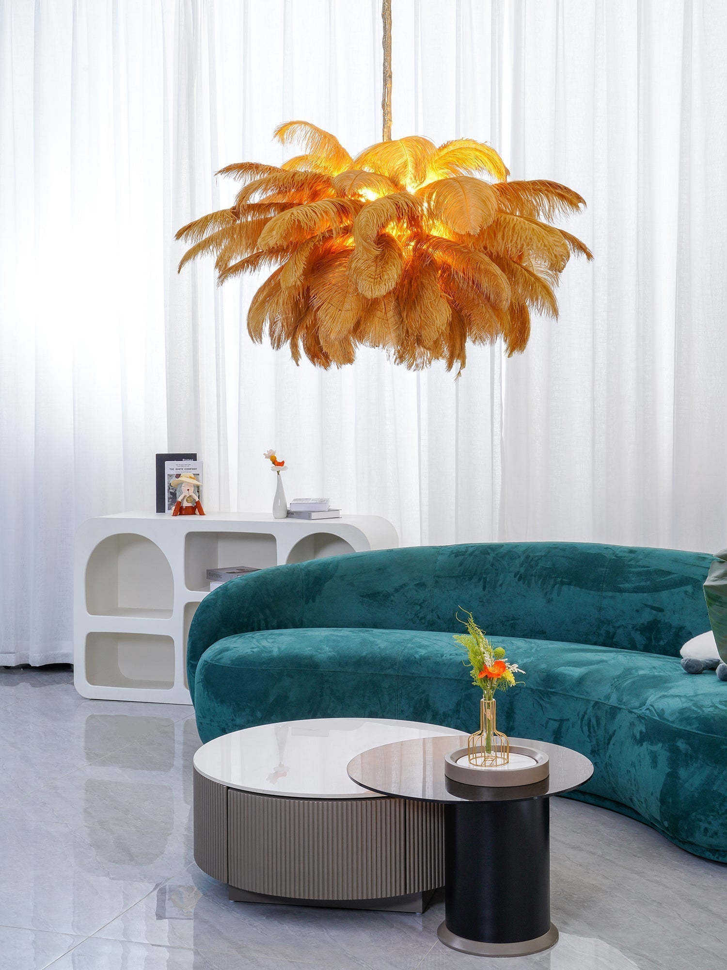 56 Hand-Colored Ostrich Feather Chandelier With Brass Fitting Gold And Silver