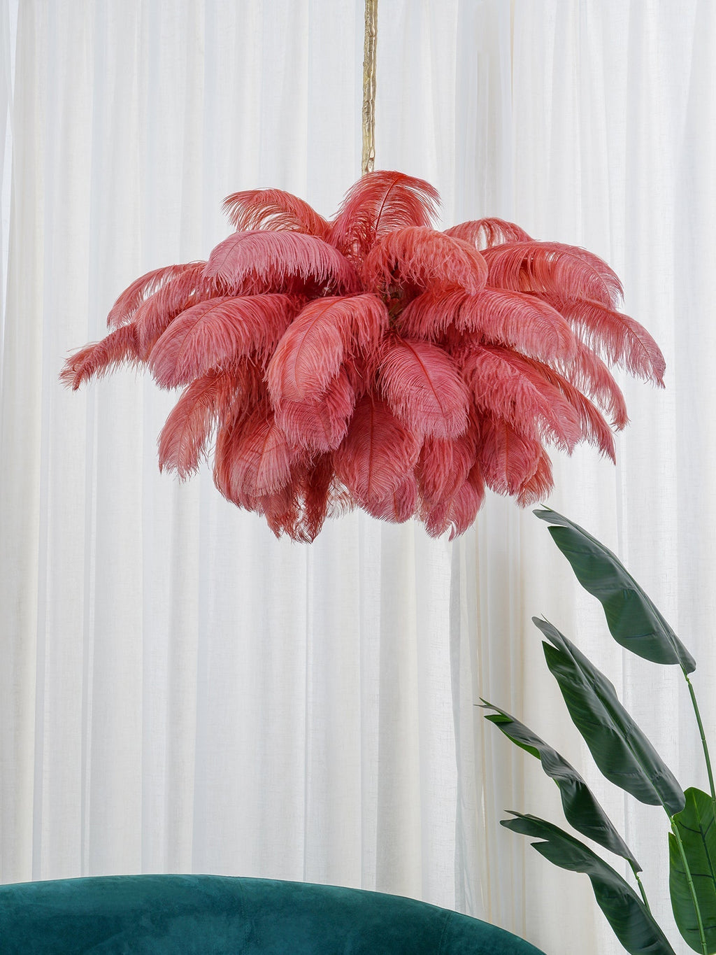 56 Hand-Colored Ostrich Feather Chandelier With Brass Fitting Gold And Silver