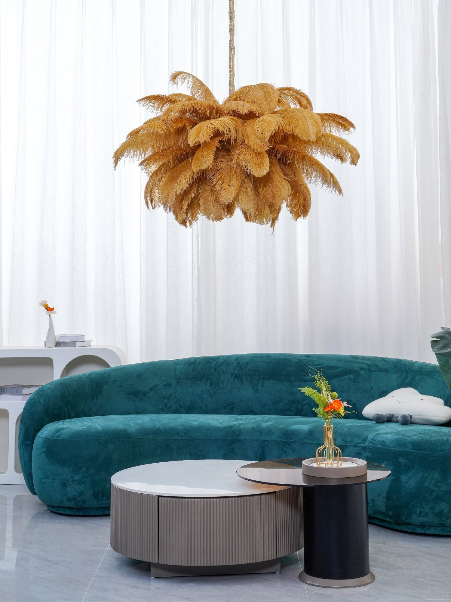 56 Hand-Colored Ostrich Feather Chandelier With Brass Fitting Gold And Silver