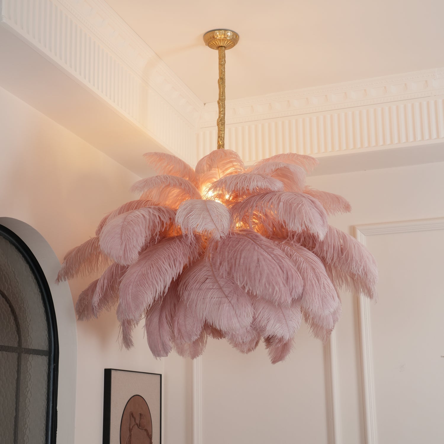 56 Hand-Colored Ostrich Feather Chandelier With Brass Fitting Gold And Silver