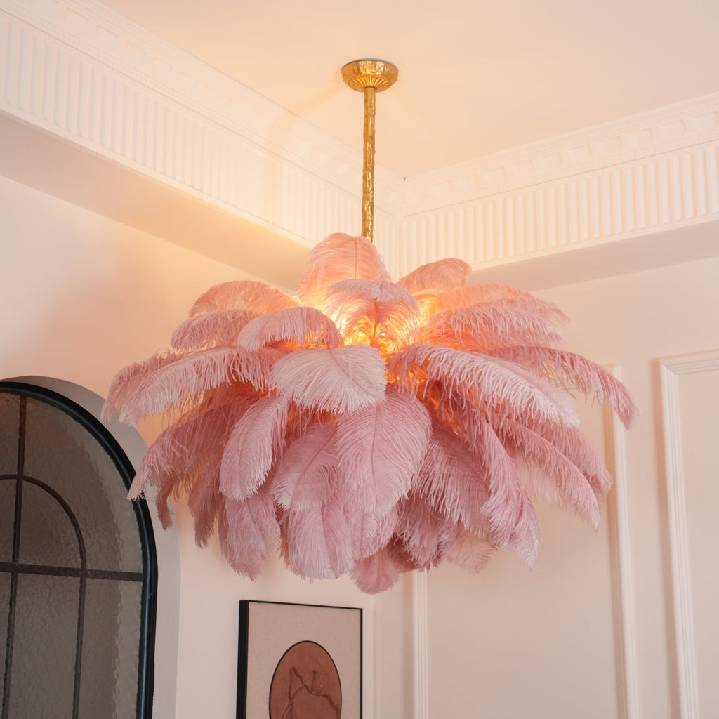 56 Hand-Colored Ostrich Feather Chandelier With Brass Fitting Gold And Silver