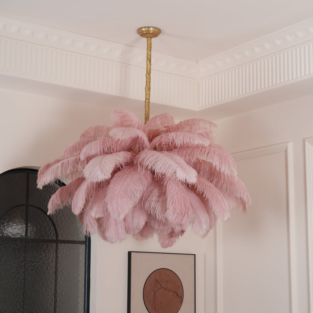 56 Hand-Colored Ostrich Feather Chandelier With Brass Fitting Gold And Silver