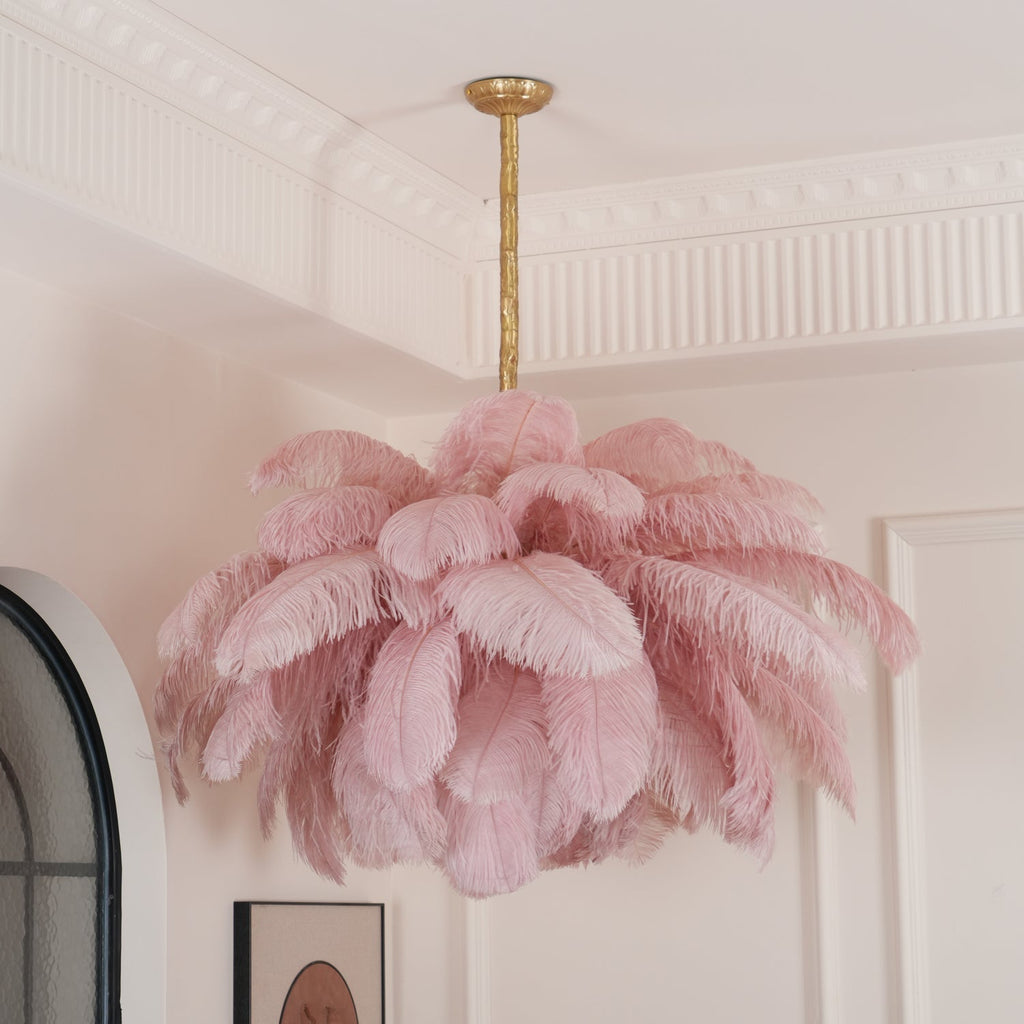 56 Hand-Colored Ostrich Feather Chandelier With Brass Fitting Gold And Silver