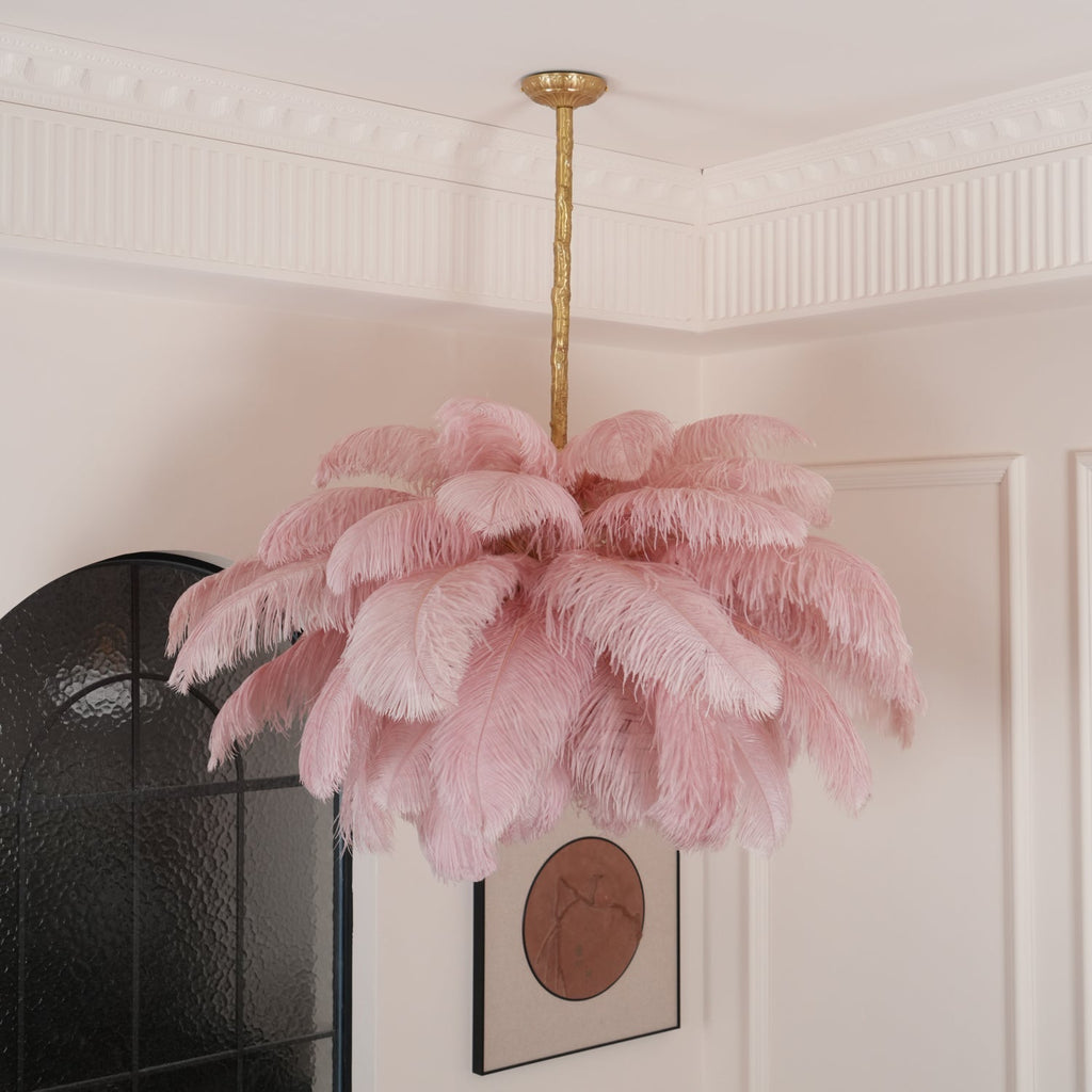 56 Hand-Colored Ostrich Feather Chandelier With Brass Fitting Gold And Silver