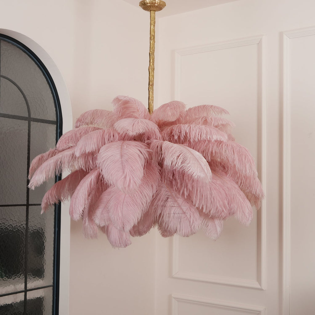 56 Hand-Colored Ostrich Feather Chandelier With Brass Fitting Gold And Silver