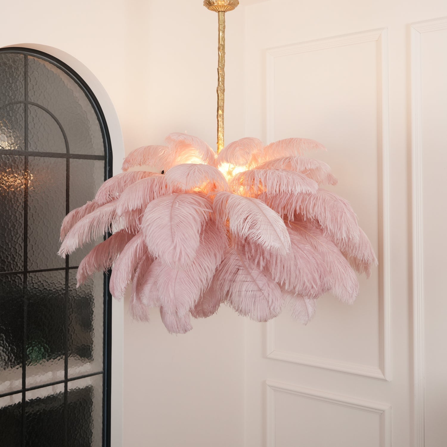 56 Hand-Colored Ostrich Feather Chandelier With Brass Fitting Gold And Silver