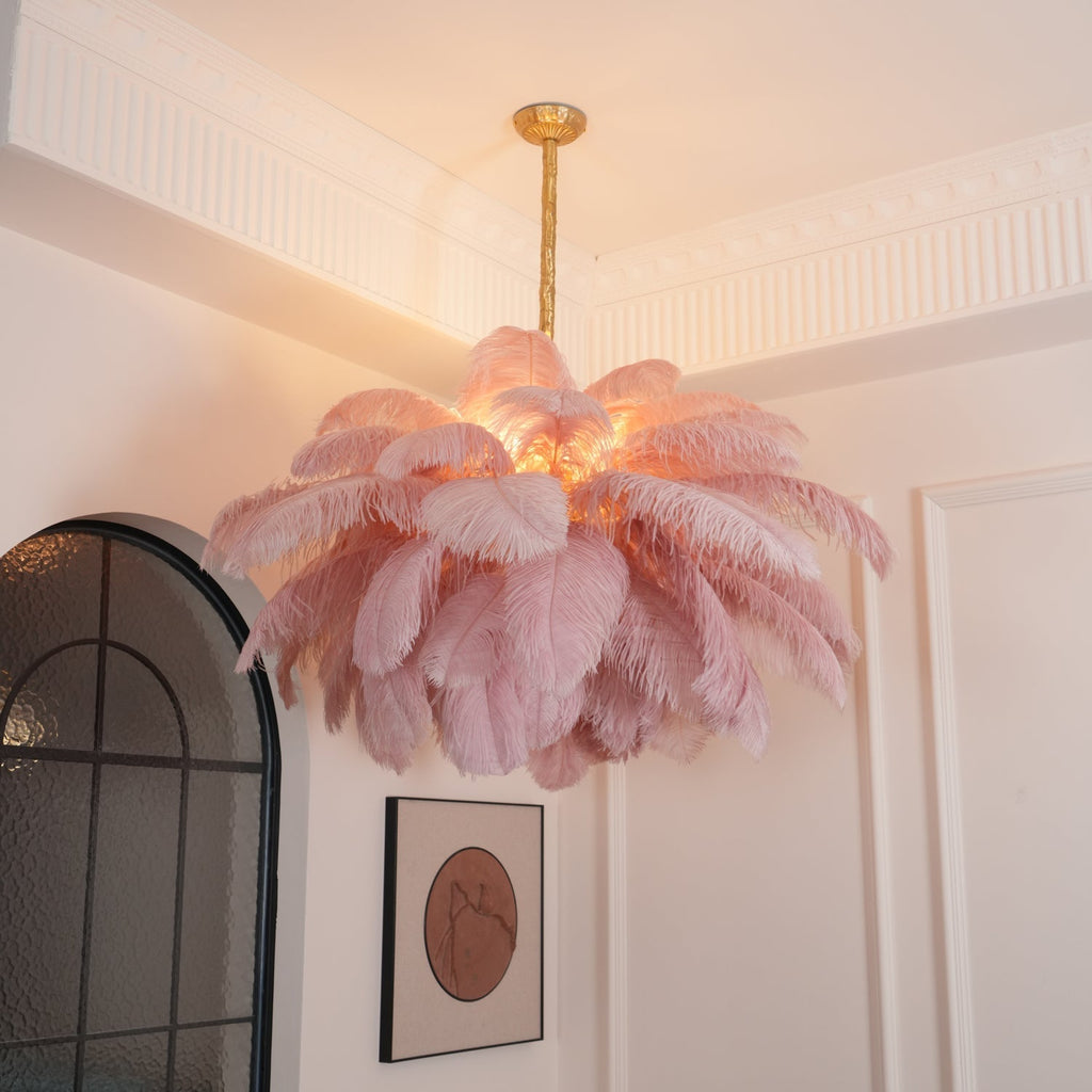 56 Hand-Colored Ostrich Feather Chandelier With Brass Fitting Gold And Silver