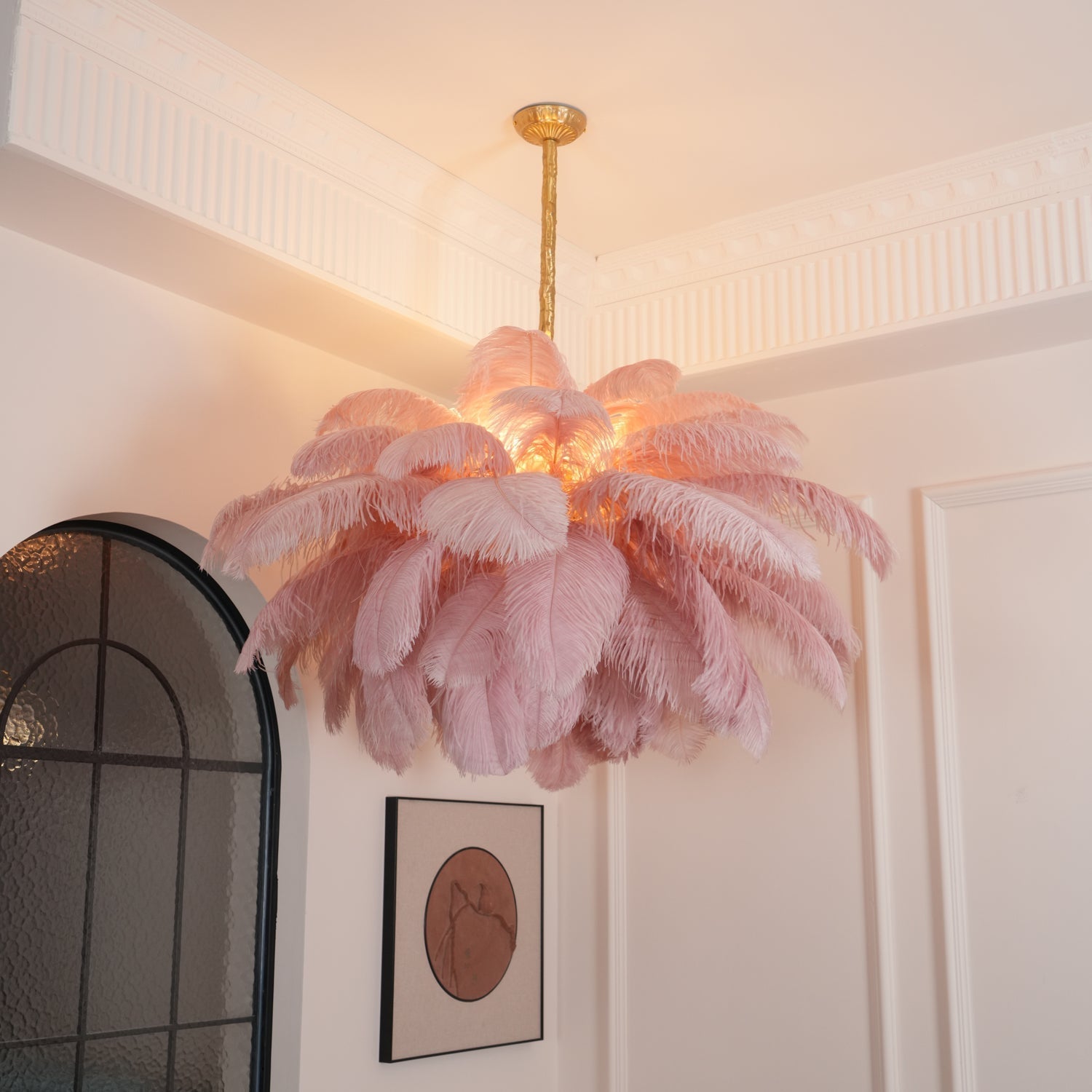 56 Hand-Colored Ostrich Feather Chandelier With Brass Fitting Gold And Silver