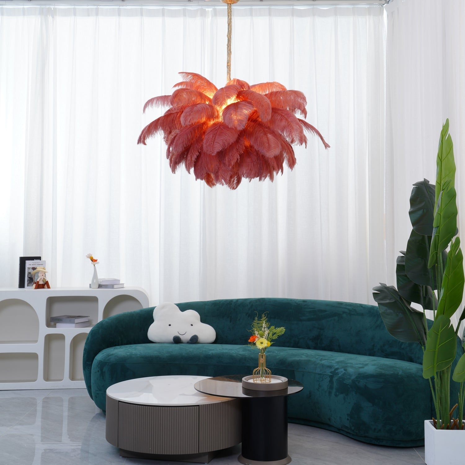 56 Hand-Colored Ostrich Feather Chandelier With Brass Fitting Gold And Silver