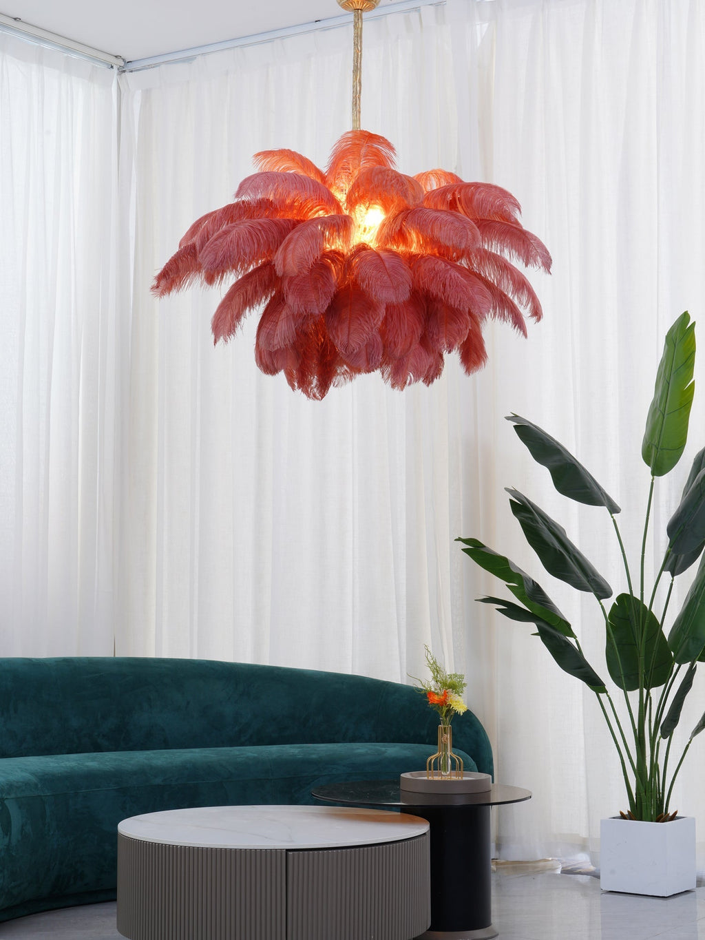56 Hand-Colored Ostrich Feather Chandelier With Brass Fitting Gold And Silver