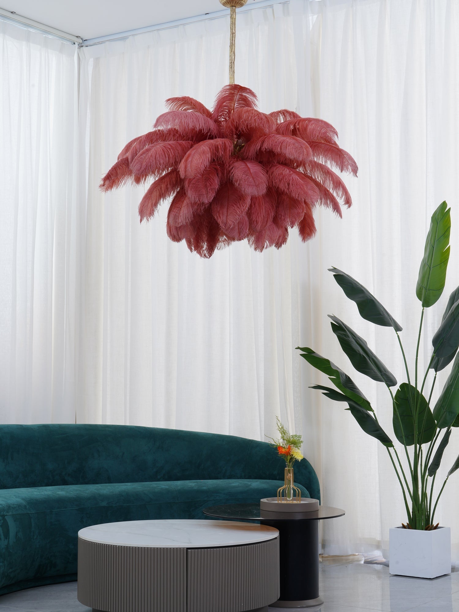 56 Hand-Colored Ostrich Feather Chandelier With Brass Fitting Gold And Silver