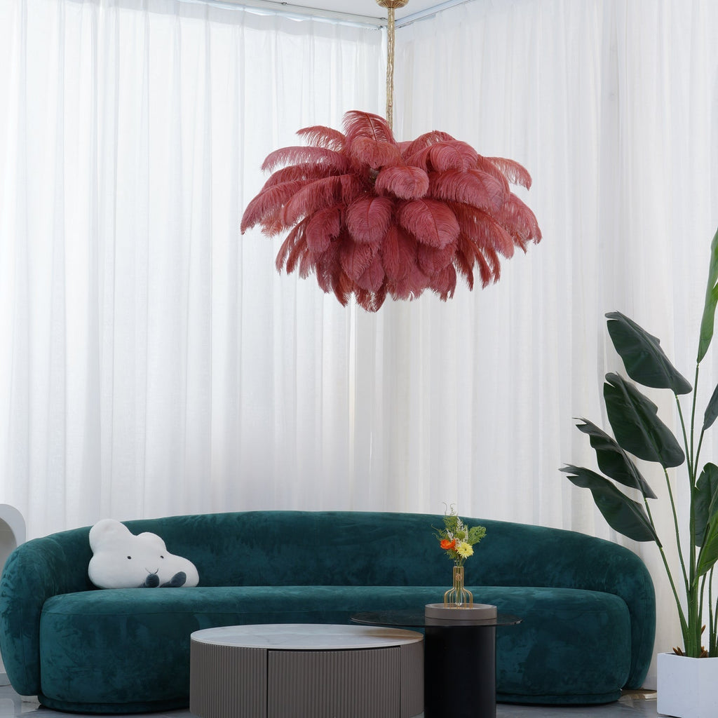 56 Hand-Colored Ostrich Feather Chandelier With Brass Fitting Gold And Silver