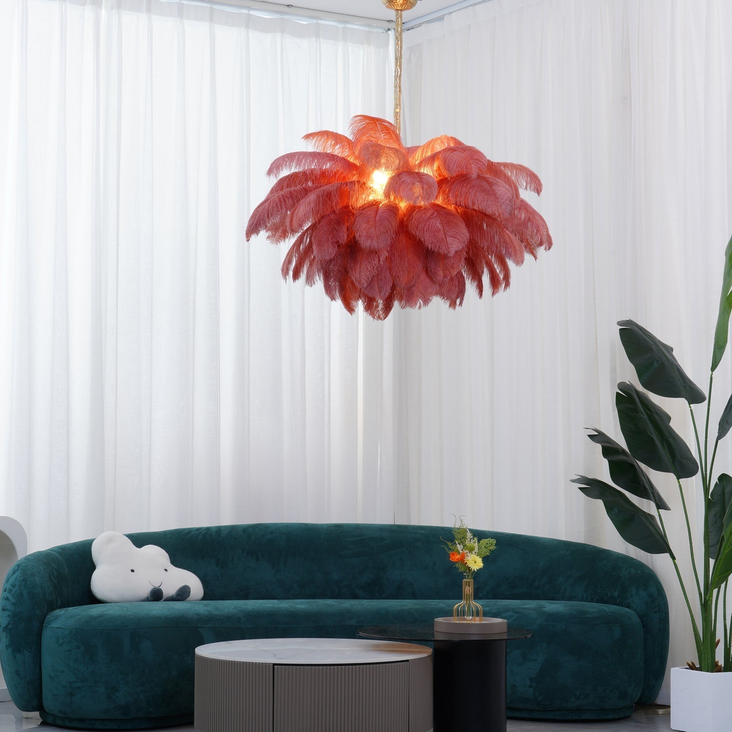 56 Hand-Colored Ostrich Feather Chandelier With Brass Fitting Gold And Silver
