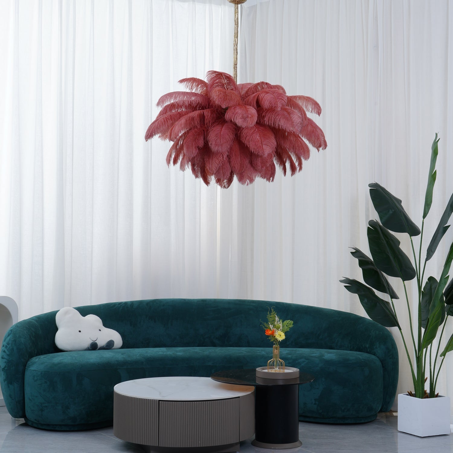 56 Hand-Colored Ostrich Feather Chandelier With Brass Fitting Gold And Silver