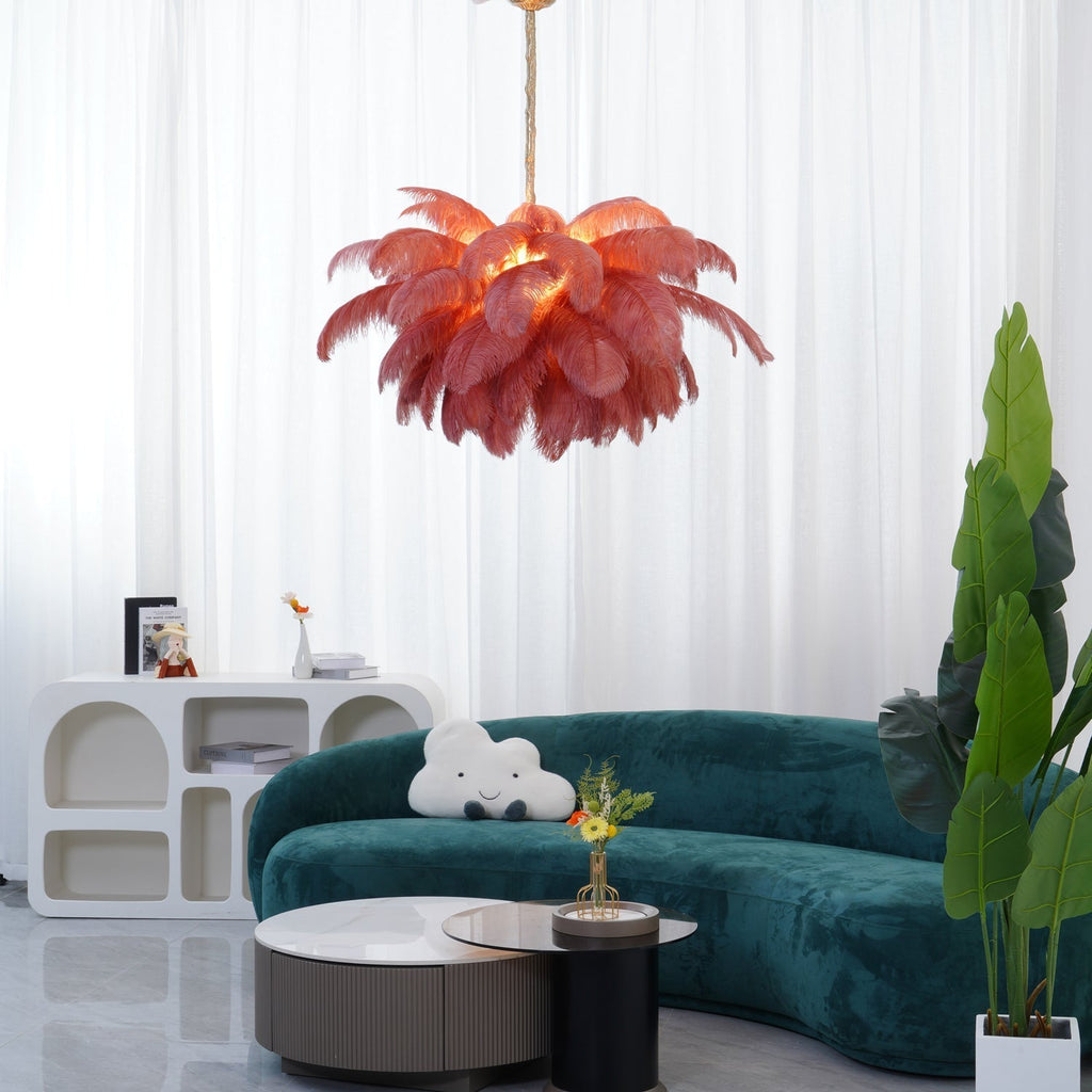 56 Hand-Colored Ostrich Feather Chandelier With Brass Fitting Gold And Silver