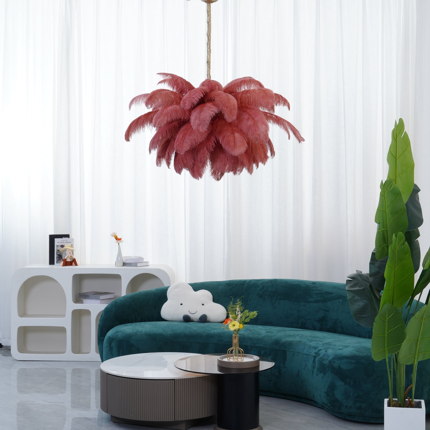 56 Hand-Colored Ostrich Feather Chandelier With Brass Fitting Gold And Silver