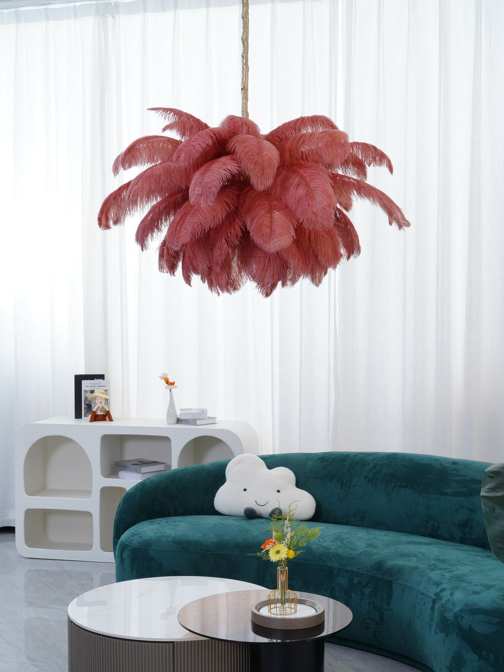 56 Hand-Colored Ostrich Feather Chandelier With Brass Fitting Gold And Silver