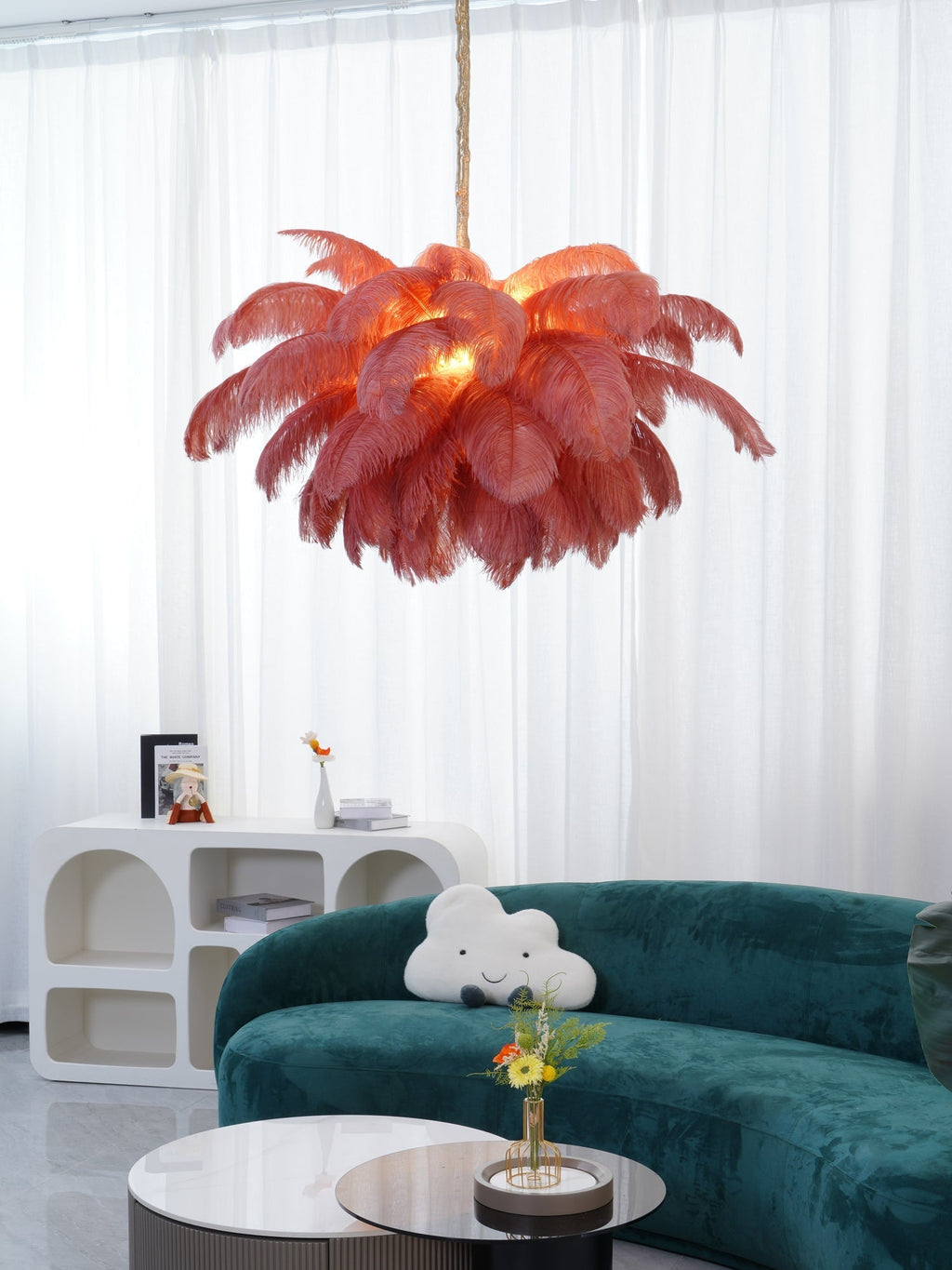 56 Hand-Colored Ostrich Feather Chandelier With Brass Fitting Gold And Silver