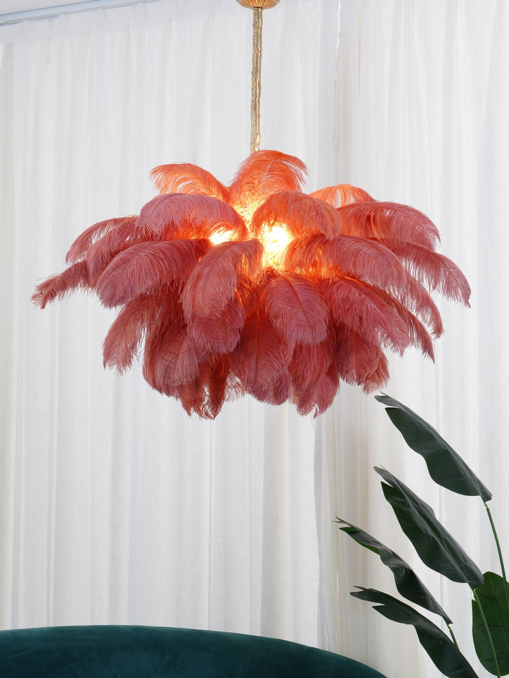 56 Hand-Colored Ostrich Feather Chandelier With Brass Fitting Gold And Silver