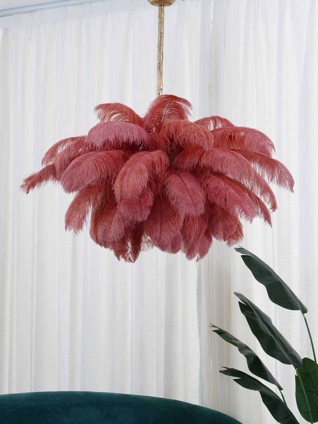 56 Hand-Colored Ostrich Feather Chandelier With Brass Fitting Gold And Silver