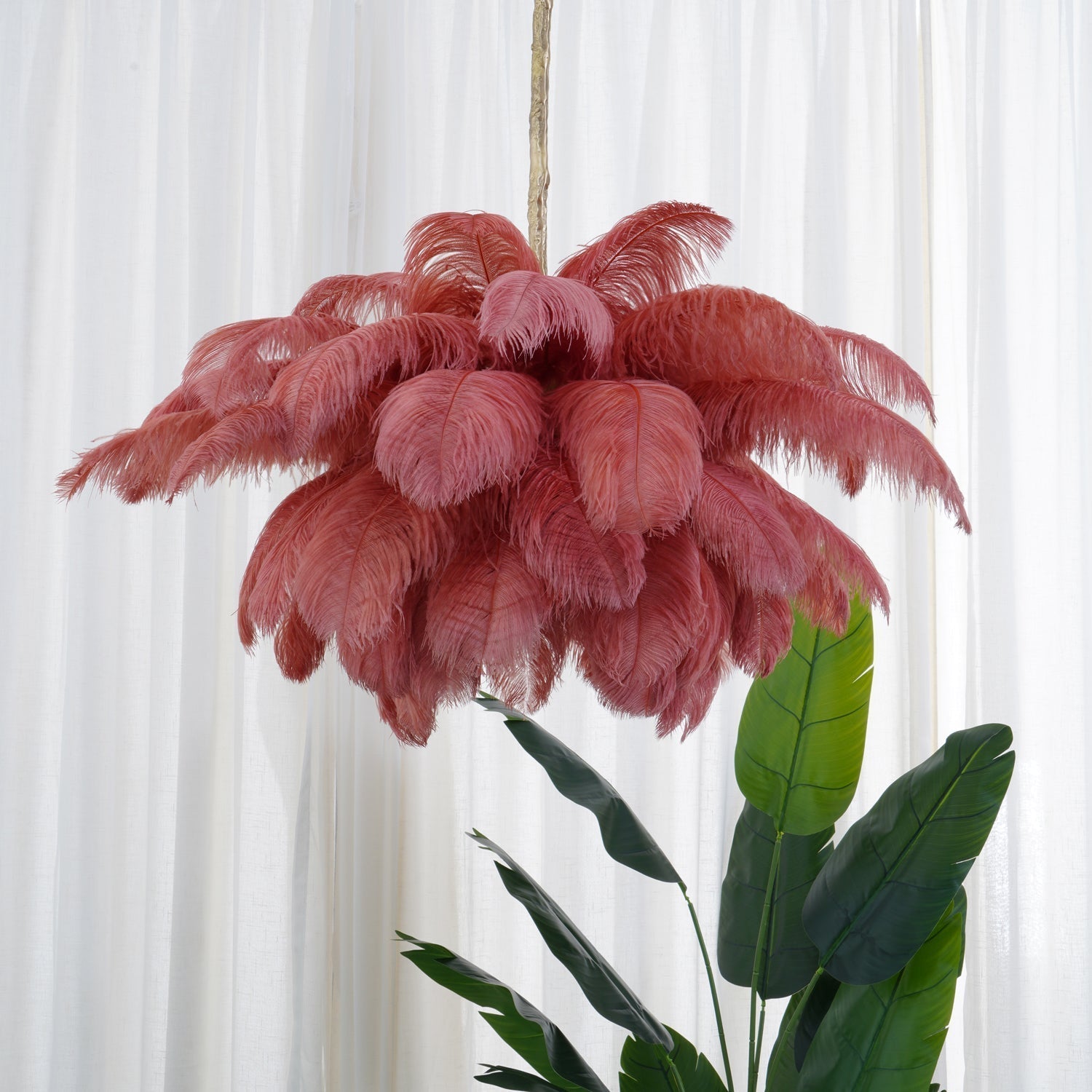 56 Hand-Colored Ostrich Feather Chandelier With Brass Fitting Gold And Silver