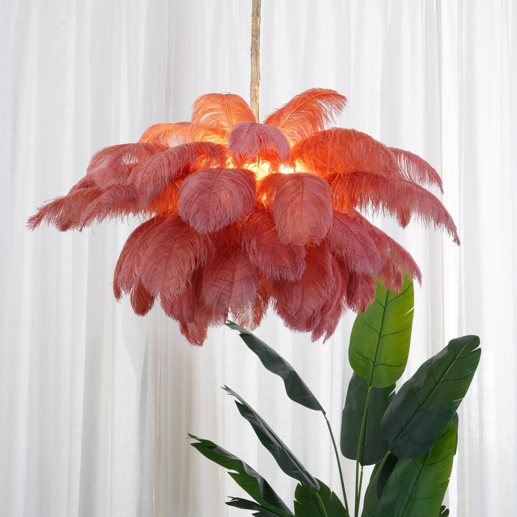 56 Hand-Colored Ostrich Feather Chandelier With Brass Fitting Gold And Silver