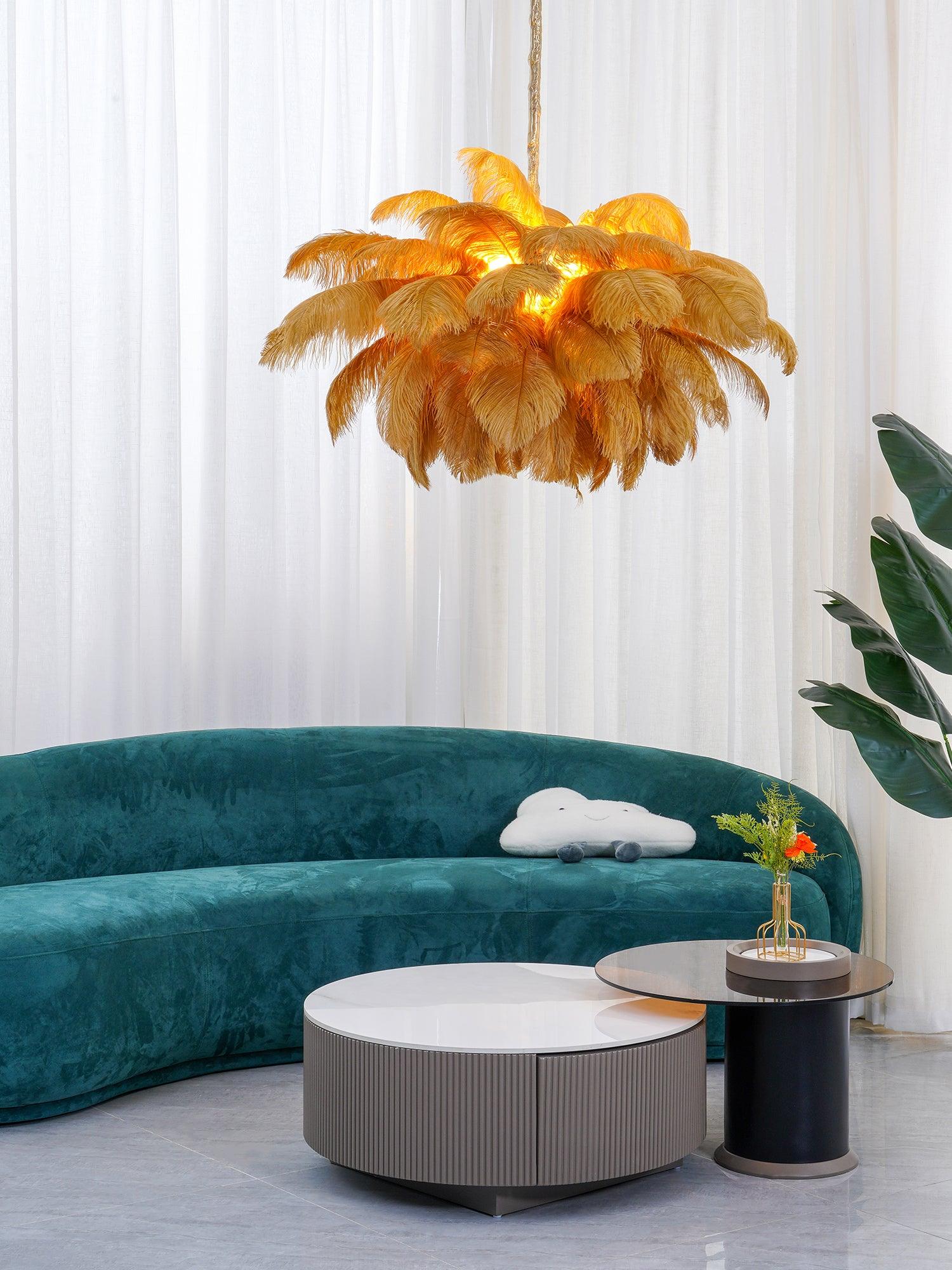 56 Hand-Colored Ostrich Feather Chandelier With Brass Fitting Gold And Silver