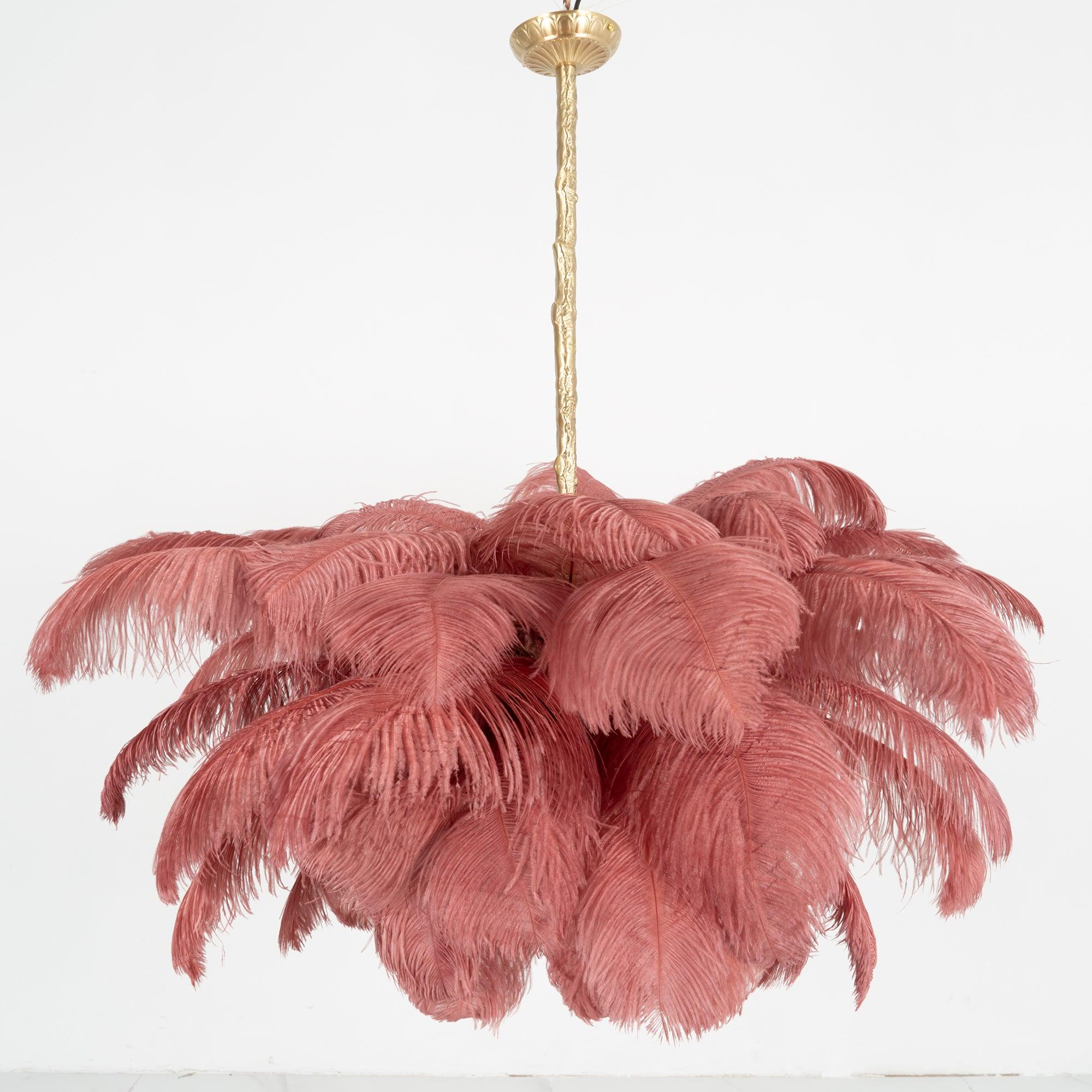 56 Hand-Colored Ostrich Feather Chandelier With Brass Fitting Gold And Silver