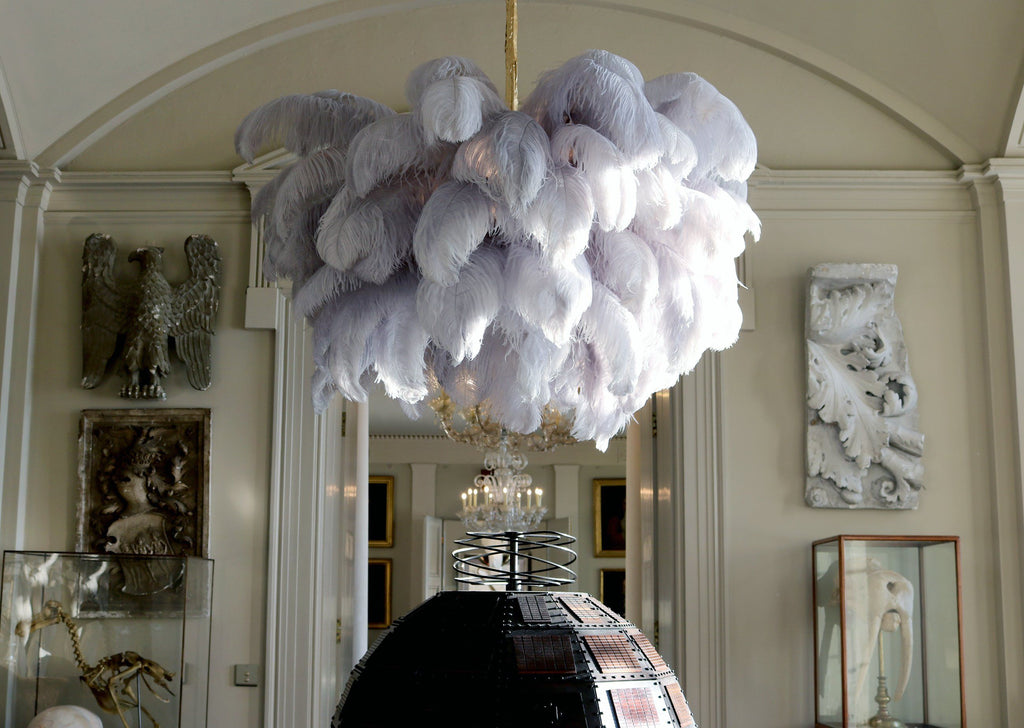 56 Hand-Colored Ostrich Feather Chandelier With Brass Fitting Gold And Silver