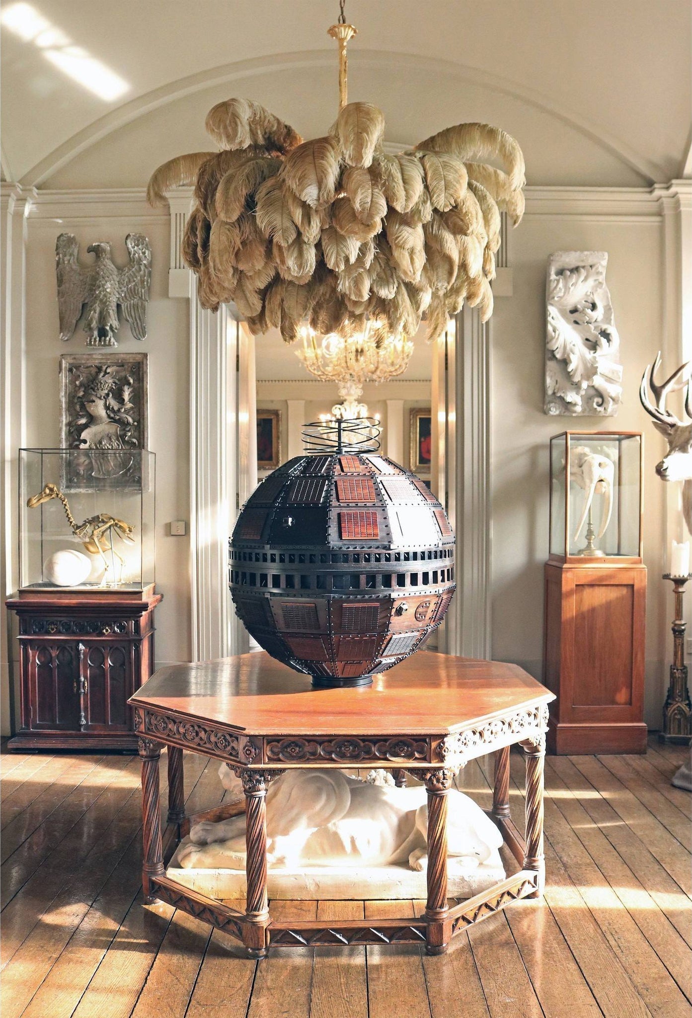 56 Hand-Colored Ostrich Feather Chandelier With Brass Fitting Gold And Silver