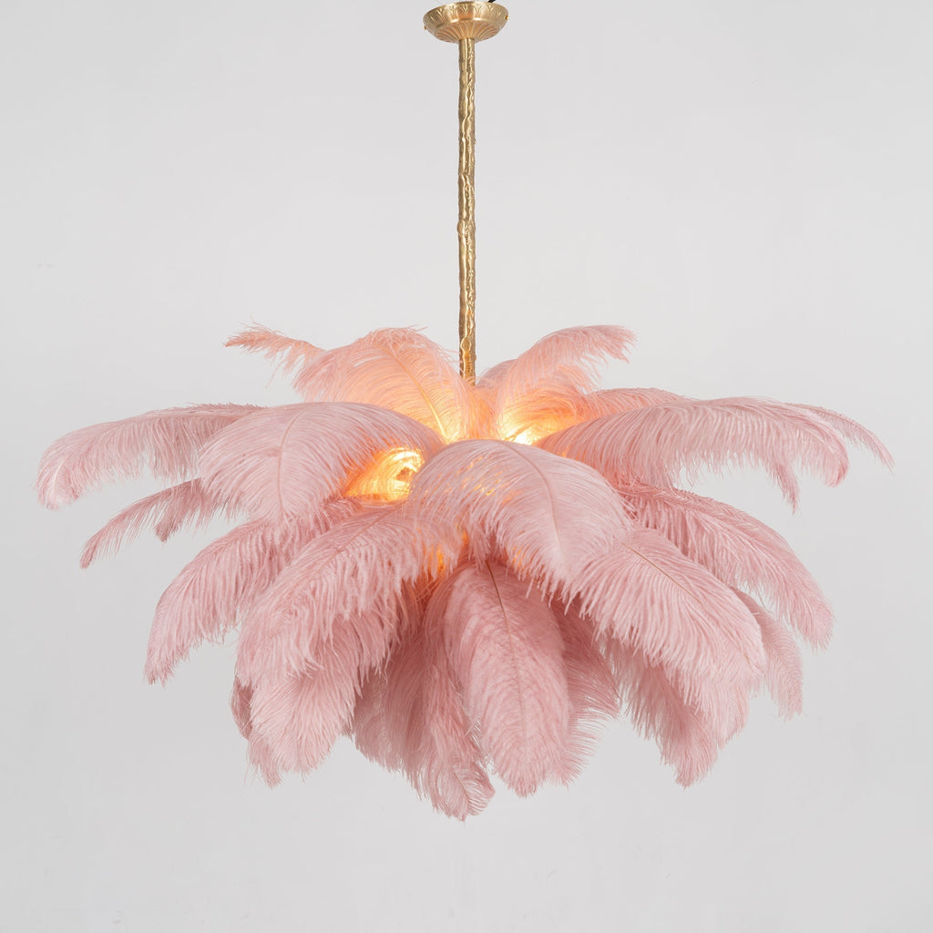 56 Hand-Colored Ostrich Feather Chandelier With Brass Fitting Gold And Silver