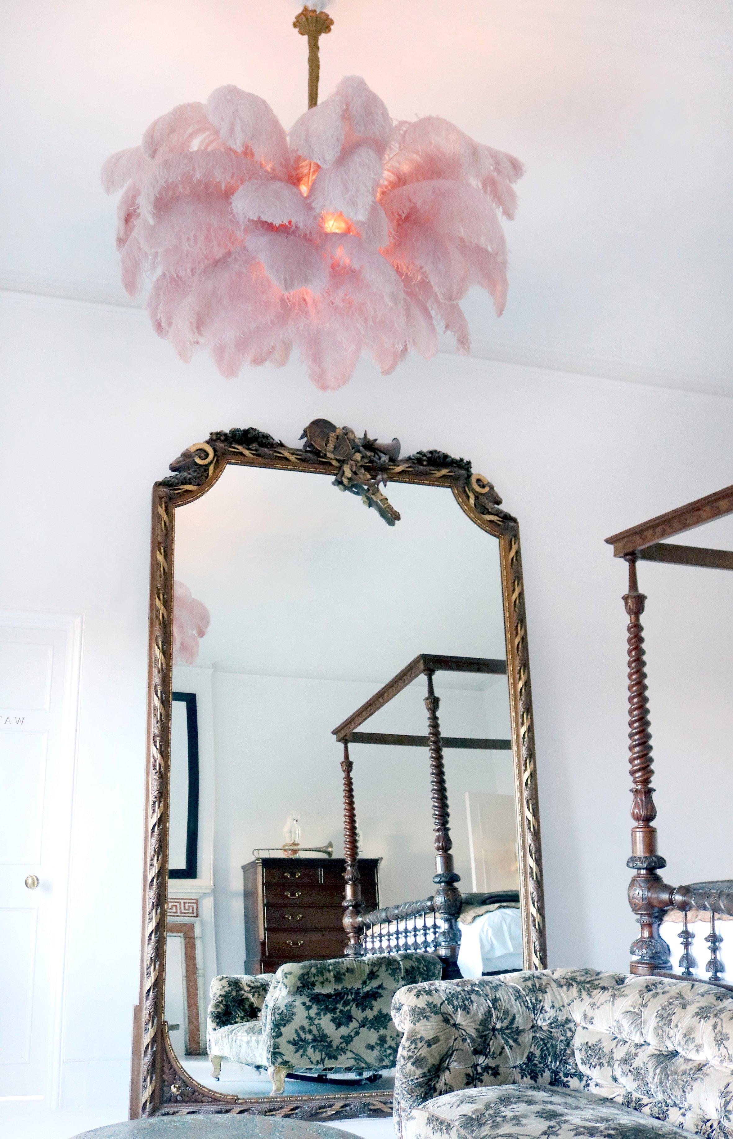 56 Hand-Colored Ostrich Feather Chandelier With Brass Fitting Gold And Silver