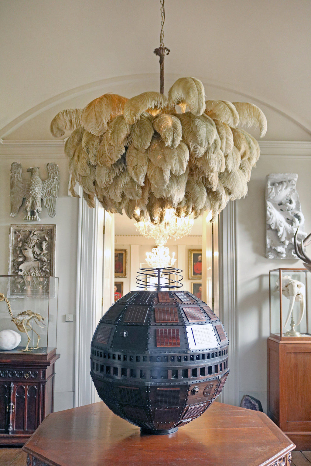 56 Hand-Colored Ostrich Feather Chandelier With Brass Fitting Gold And Silver