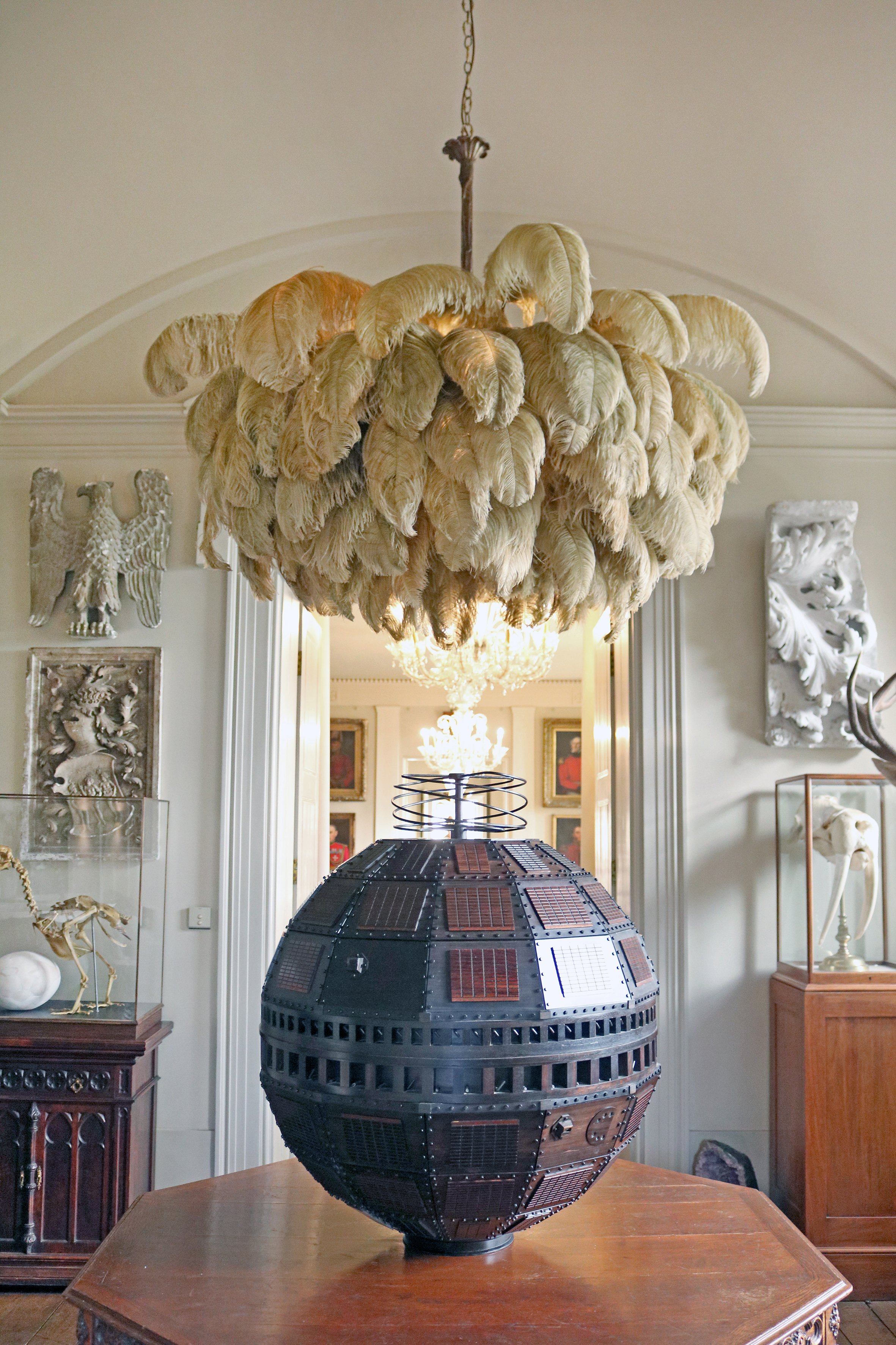 56 Hand-Colored Ostrich Feather Chandelier With Brass Fitting Gold And Silver