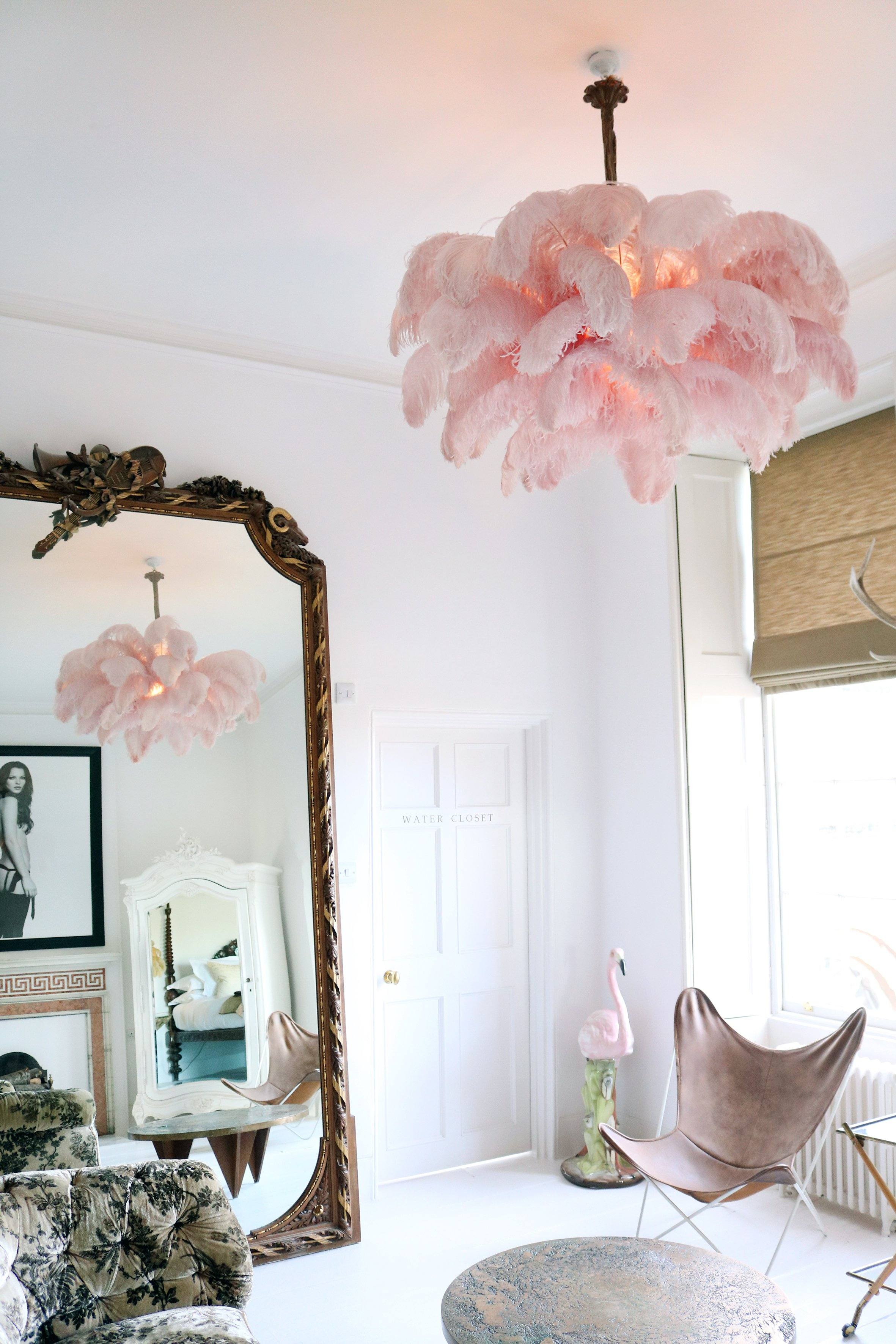 56 Hand-Colored Ostrich Feather Chandelier With Brass Fitting Gold And Silver