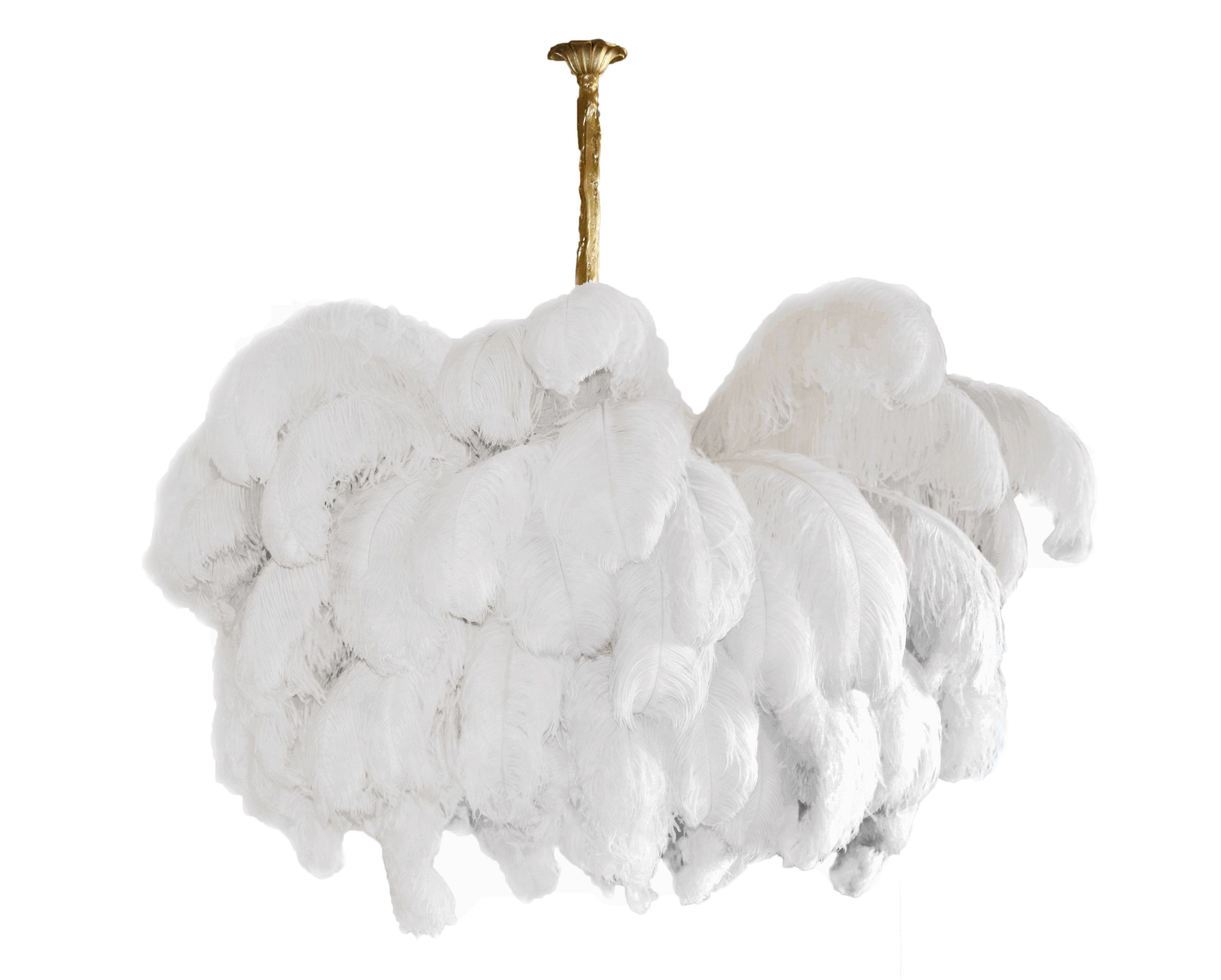 56 Hand-Colored Ostrich Feather Chandelier With Brass Fitting Gold And Silver