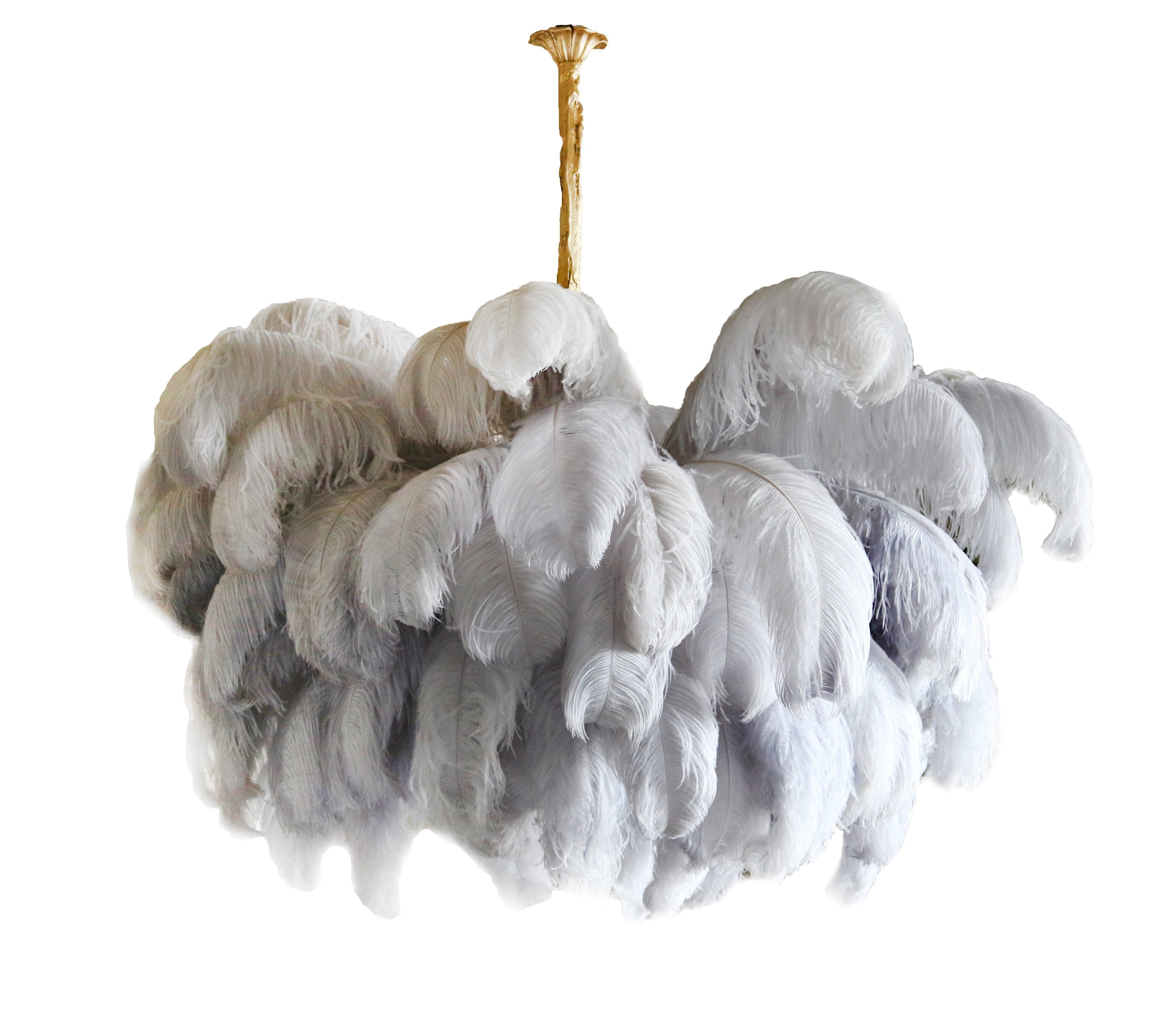56 Hand-Colored Ostrich Feather Chandelier With Brass Fitting Gold And Silver