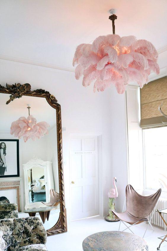 56 Hand-Colored Ostrich Feather Chandelier With Brass Fitting Gold And Silver