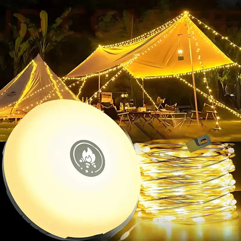 Vandtætte LED-lyskæder til camping — 10 m udtrækkelig ledning, fugtforseglet hus