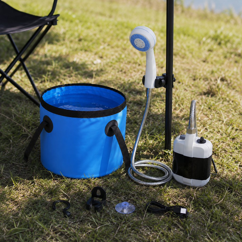 Tragbare Campingdusche — Wiederaufladbare Pumpe, kabelloser gleichmäßiger Druck