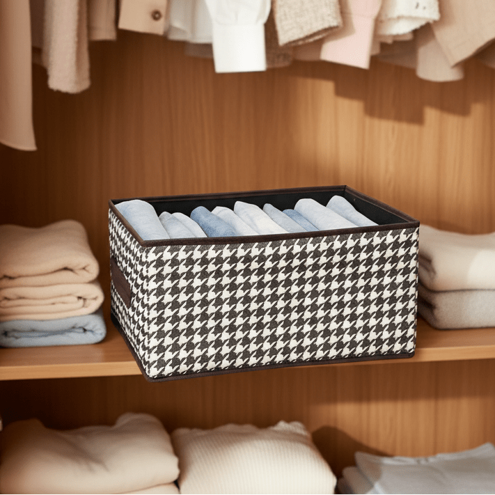 Caixa de arrumação LuxeStow com padrão pied-de-poule — 40 × 28 × 20 cm, topo aberto, interior dividido