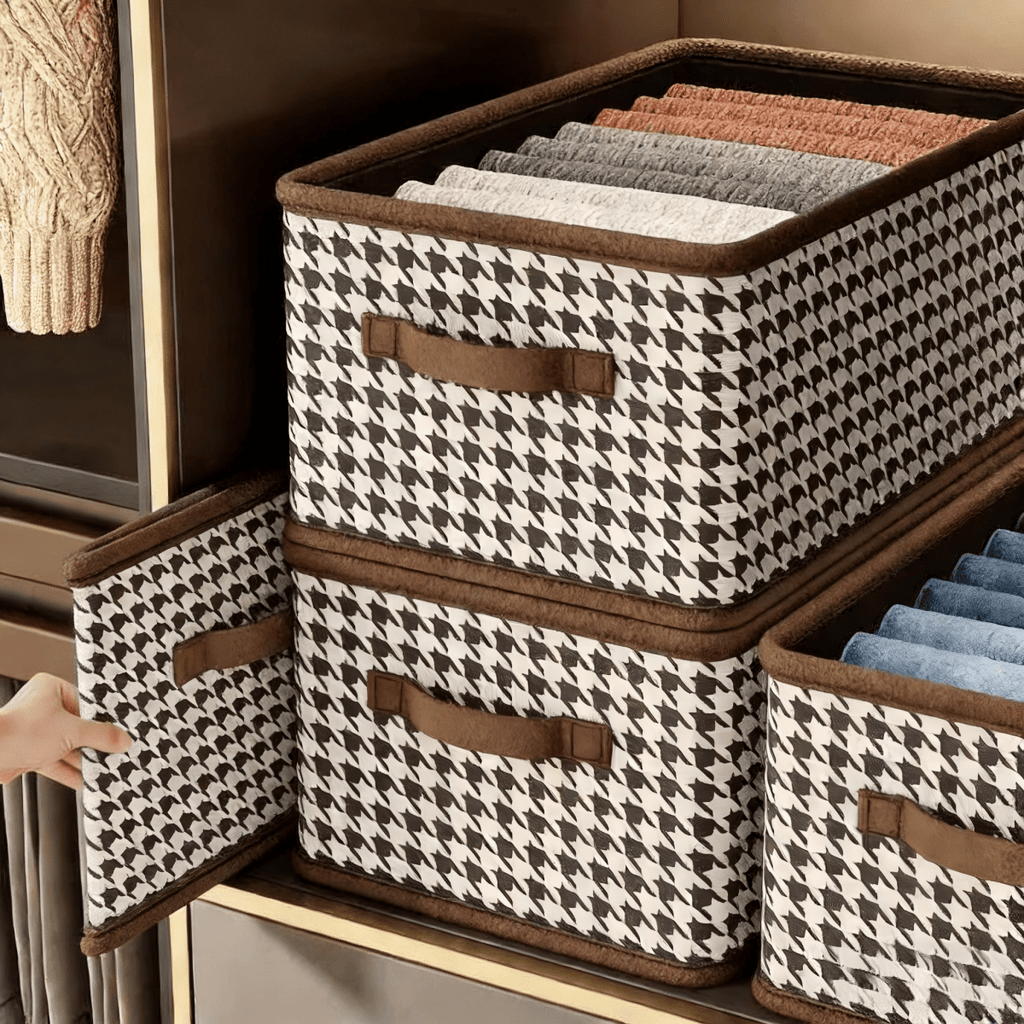 Caixa de arrumação LuxeStow com padrão pied-de-poule — 40 × 28 × 20 cm, topo aberto, interior dividido