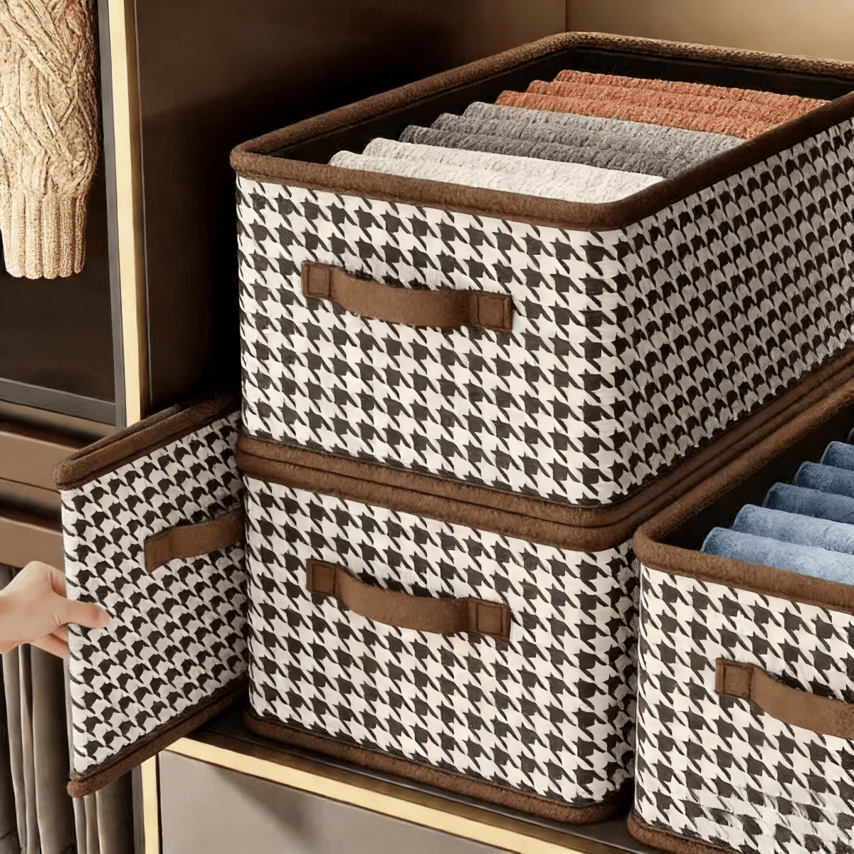 Caixa de arrumação LuxeStow com padrão pied-de-poule — 40 × 28 × 20 cm, topo aberto, interior dividido