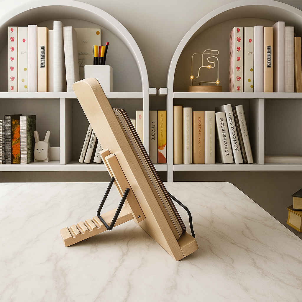 Výškově nastavitelný stojan na knihy PageLift — skládací provedení, ergonomické úhly